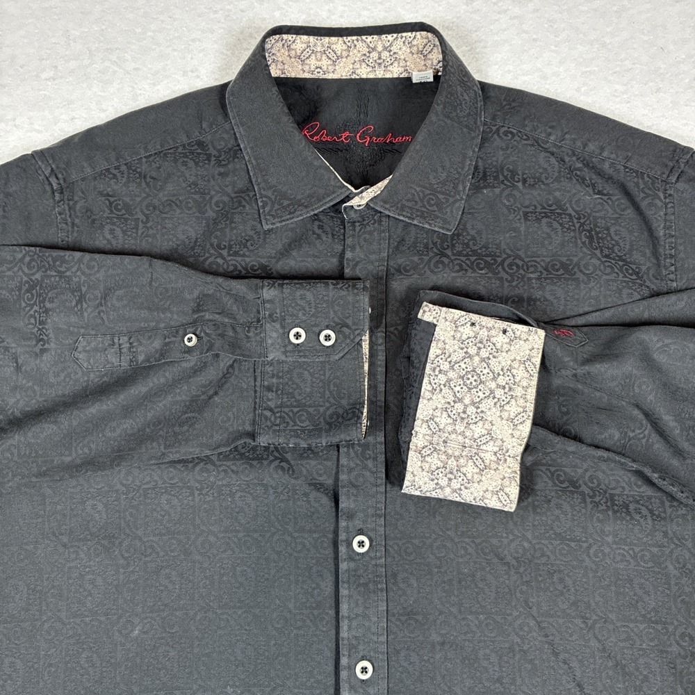 Robert Graham Mens XL Black Floral Paisley Flip Cuff Preppy Jacquard Shirt